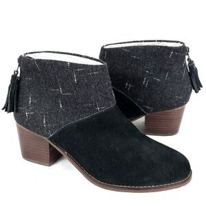 TOMS Leila Wool Flannel Suede Block Heel Ankle Boots Gray Black Size 7